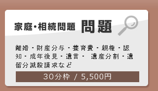 家庭・相続問題　-離婚・財産分与・養育費・親権・認知・成年後見・遺言・遺産分割・留意分減殺請求など。【30分枠 5,250円】